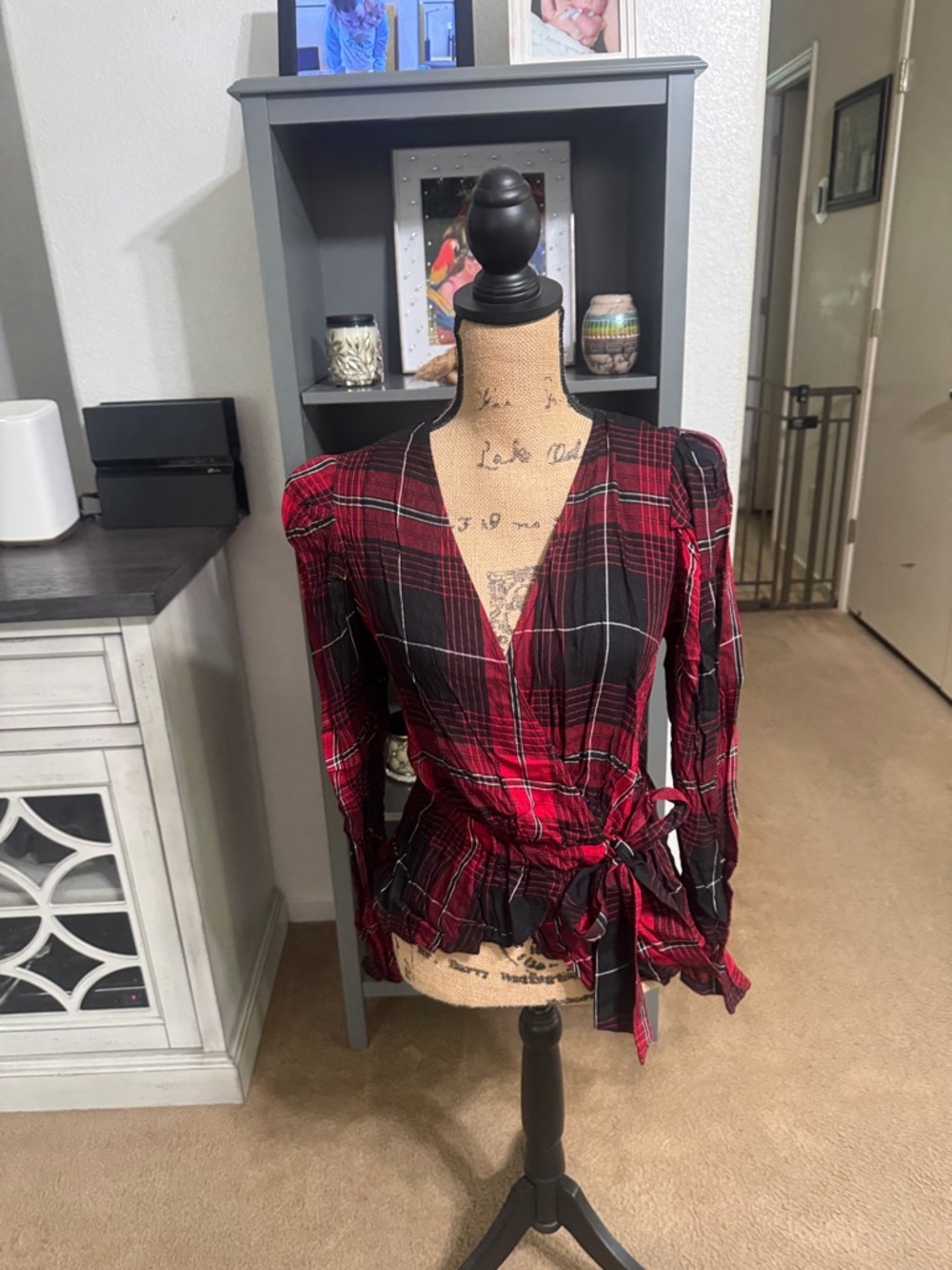 Express Red and Black Plaid Faux-Wrap Blouse size M